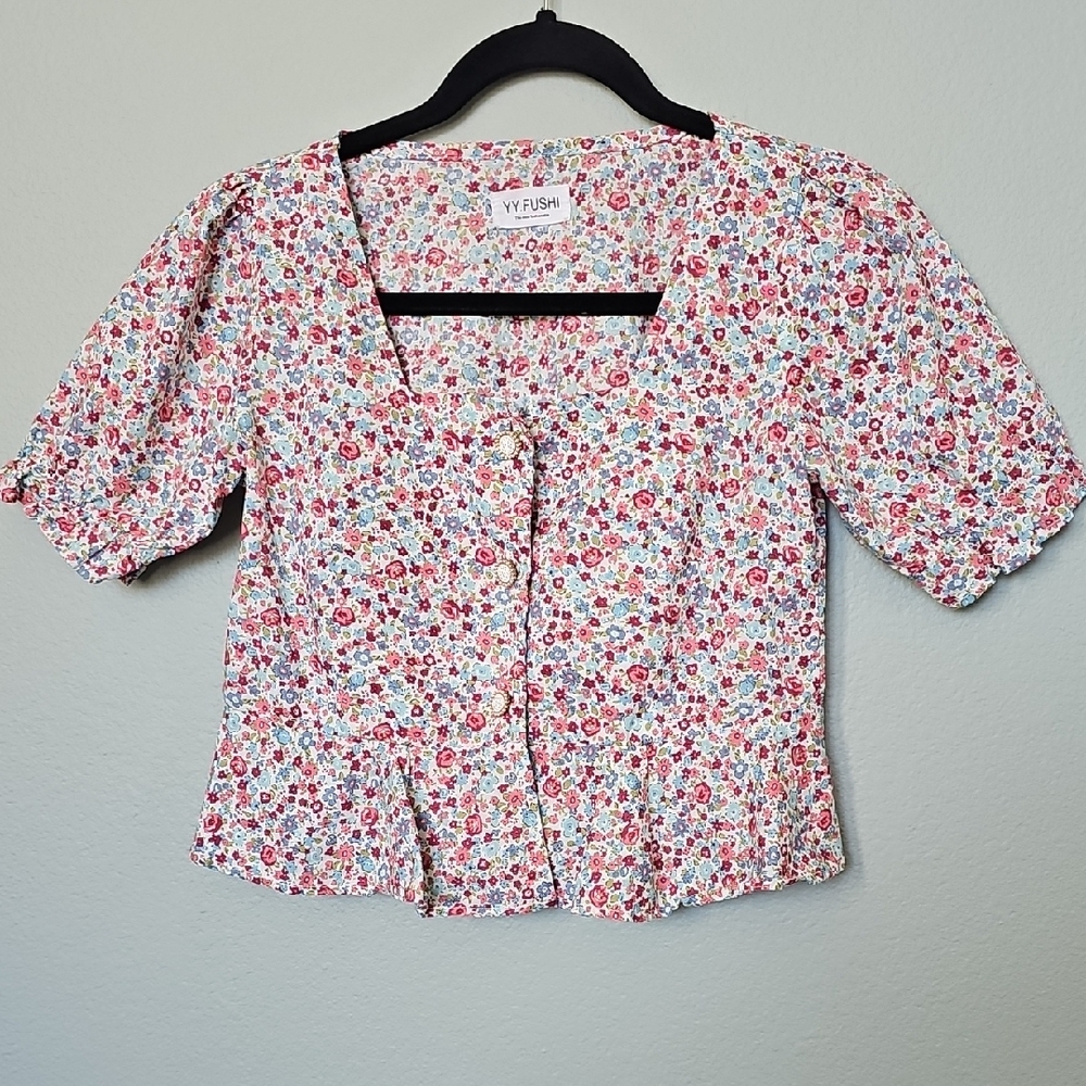 Cottagecore Puff Sleeve Square Neck Floral Print Decorative Buttons Top Small
